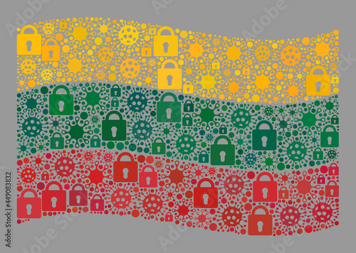 Mosaic covid lockdown waving Lithuania flag designed of locks and virus items. Vector mosaic waving Lithuania flag designed for medicare advertisement.