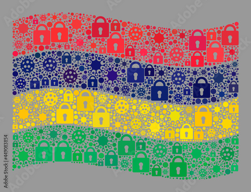 Mosaic covid lockdown waving Mauritius flag constructed of locks and contagious icons. Vector mosaic windy Mauritius flag constructed for medicare propaganda.