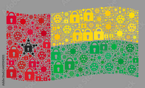 Mosaic covid lockdown waving Guinea-Bissau flag created of locks and contagious elements. Vector mosaic waving Guinea-Bissau flag constructed for medicare advertisement.