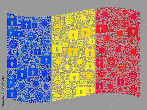 Mosaic coronavirus lockdown waving Romania flag designed of locks and coronavirus icons. Vector mosaic waving Romania flag designed for medicare illustrations.