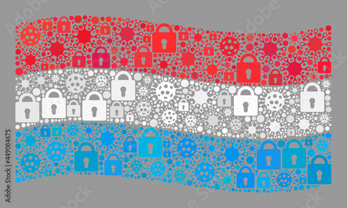 Mosaic coronavirus lockdown waving Luxembourg flag created with locks and covid icons. Vector mosaic waving Luxembourg flag designed for quarantine applications.