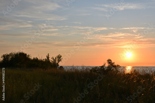 A sea sunset with slight clouds over the coast of the Baltic Sea during the white night, a red-gold ray, leaving a glare on the calm sea, illuminates the coastal grass with golden light.