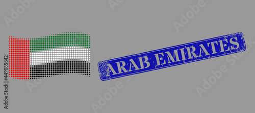 Pixelated halftone waving United Arab Emirates flag icon, and Arab Emirates dirty rectangle seal print. Vector halftone concept of waving United Arab Emirates flag icon organized of circle items.