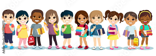 Cute little diverse children students with books and schoolbags ready back to school