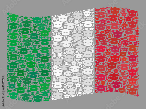 Mosaic waving Italy flag designed with professor cap elements. University vector mosaic windy Italy flag done for educational projects. Italy flag collage is designed with scattered professor items.