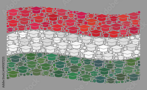 Mosaic waving Hungary flag designed with learning cap elements. Student vector mosaic waving Hungary flag designed for degree wallpapers. Hungary flag collage is composed with random bachelor items.