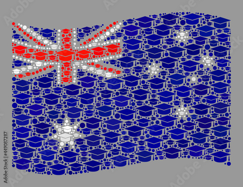 Mosaic waving Australia flag constructed with professor hat icons. Graduation vector collage waving Australia flag created for degree apps.