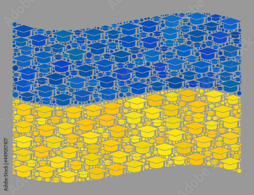 Mosaic waving Ukraine flag designed with graduation cap elements. Graduation vector collage waving Ukraine flag designed for academy advertisement.