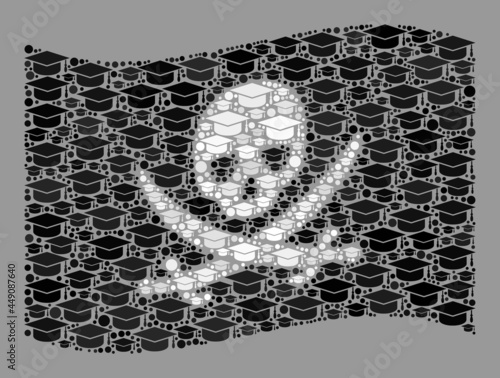Mosaic waving pirate flag created with graduate cap elements. Student vector collage waving pirate flag done for educational apps. Pirate flag collage is shaped with scattered student hat particles.