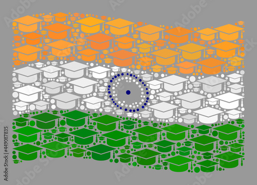 Mosaic waving India flag constructed of graduation hat items. Graduation vector collage windy India flag created for academy purposes. India flag collage is constructed of random bachelor particles.