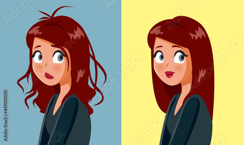 Woman Before and After Using Hair Cosmetic Products