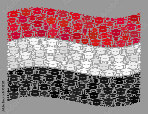 Mosaic waving Yemen flag designed of graduate cap elements. Student vector mosaic waving Yemen flag created for bachelor purposes. Yemen flag collage is made with random university elements. photo