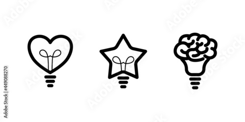 Żarówka - zestaw trzech ikon do projektów - serce, gwiazda i mózg. Symbol pomysłu, rozwiązania, myślenia, wiedzy, nauki. Czarne kontury. Ilustracja wektorowa
