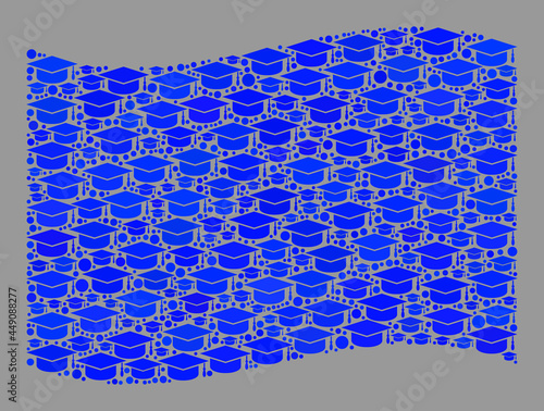 Mosaic waving blue flag created with master cap items. University vector collage waving blue flag created for academy apps. Blue flag collage is created of scattered learning cap parts.