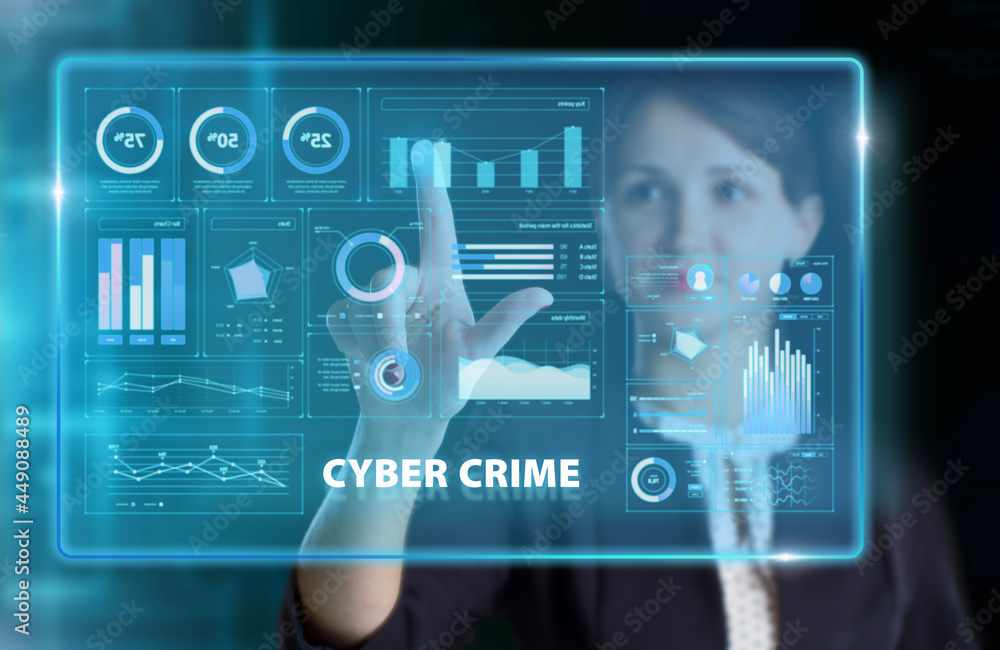 Fototapeta premium Business, Technology, Internet and network concept. Young businessman working on a virtual screen of the future and sees the inscription: Cyber crime