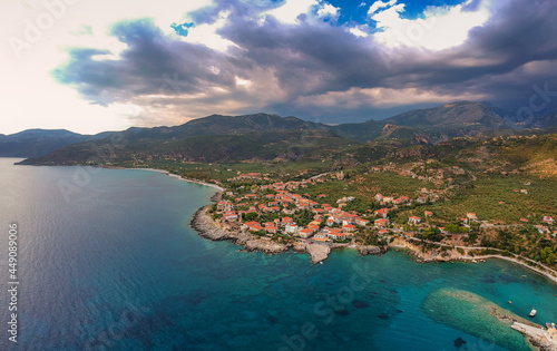 Aerial view of the wonderful seaside village of Kardamyli, Greece located in the Messenian Mani area. It's one of the most beautiful places to visit in Greece, Europe