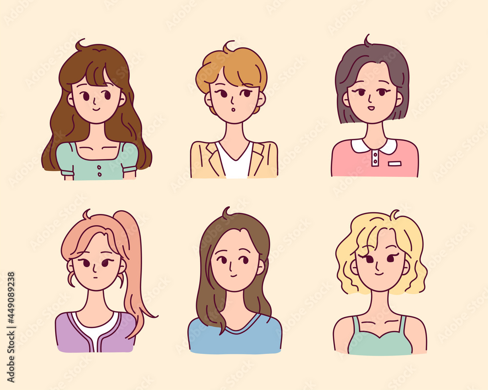 A collection of female characters upper body with various hairstyles. flat design style minimal vector illustration. A collection of female characters upper body with various hairstyles. flat design style minimal vector illustration.
