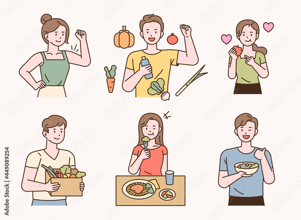 Vegetarian people with healthy vegetables fruits. flat design style minimal vector illustration. Vegetarian people with healthy vegetables fruits. flat design style minimal vector illustration.