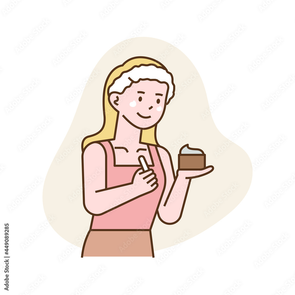 Vegan Beauty cream. A woman is using eco-friendly cosmetics. flat design style minimal vector illustration. Vegan Beauty cream. A woman is using eco-friendly cosmetics. flat design style minimal vector illustration.