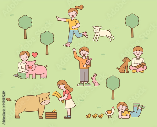 Children who love animals. vegetarian life. Children happily running outdoors with animals. flat design style minimal vector illustration.