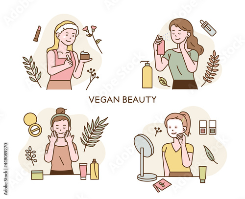vegan beauty. Women are using cosmetics made from eco-friendly products. flat design style minimal vector illustration.