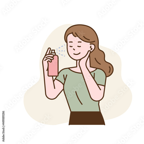 Vegan Beauty spray. A woman is using eco-friendly cosmetics. flat design style minimal vector illustration.