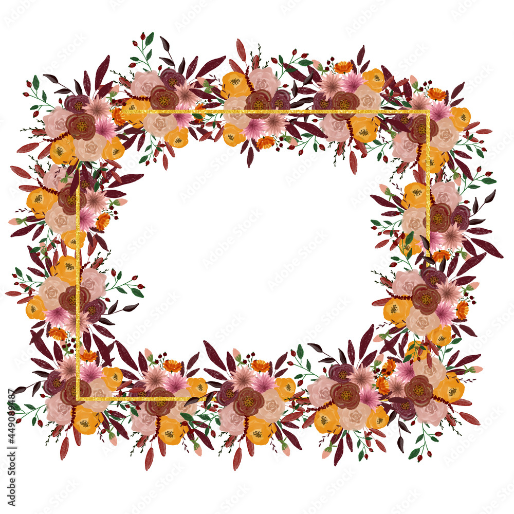 Autumn frame. Composition for decoration. Flowers for design and decoration. Drawing for postcards and invitations. Birthday. School. Wedding design element.