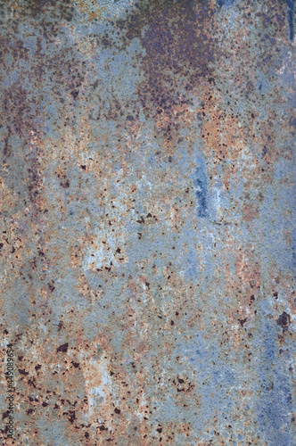 Old light blue painted grey rusty rustic rust iron metal background texture, vertical aged damaged weathered scratched plain paint patch plate, grunge pattern copy space macro closeup scratches, large