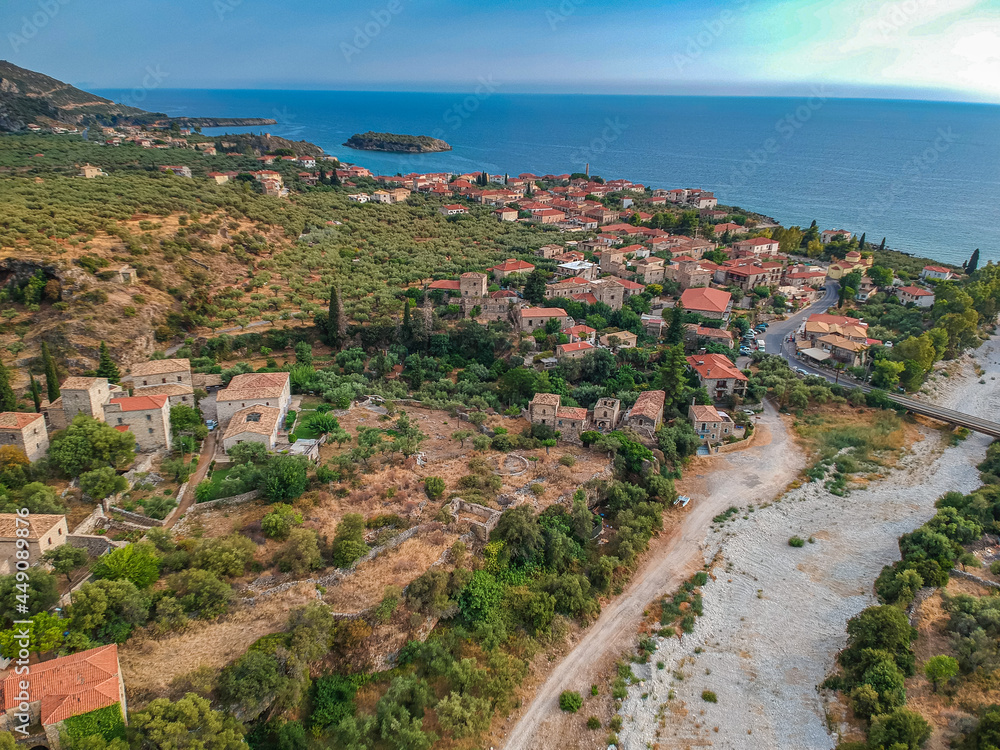 Aerial view of the wonderful seaside village of Kardamyli, Greece located in the Messenian Mani area. It is one of the most beautiful places to visit in Greece, Europe