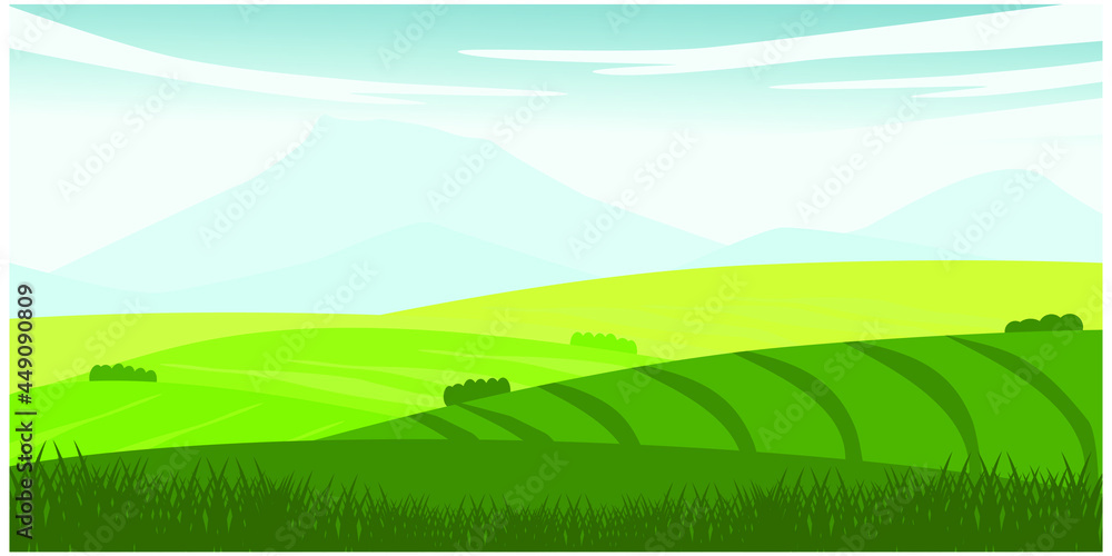 Beautiful summer fields landscape with a dawn, green hills, bright color blue sky, mountain background in flat cartoon style banner.