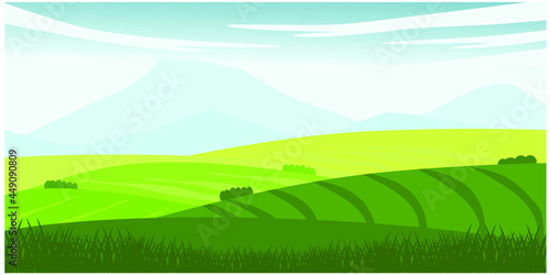 Beautiful summer fields landscape with a dawn, green hills, bright color blue sky, mountain background in flat cartoon style banner.
