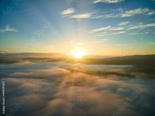 Morning full of fog in Jarabacoa, magic sunrise in Dominican Republic