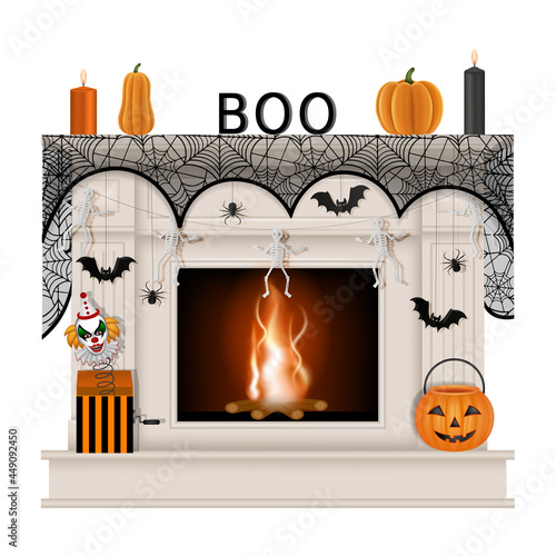 White fireplace with halloween decorations