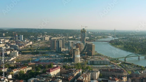 Panorama Of The Urban Landscape And the Old Sava Bridge In Belgrade, Serbia. aerial photo