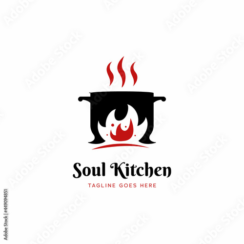 Soul Kitchen hot pot restaurant logo icon with big red fire flame