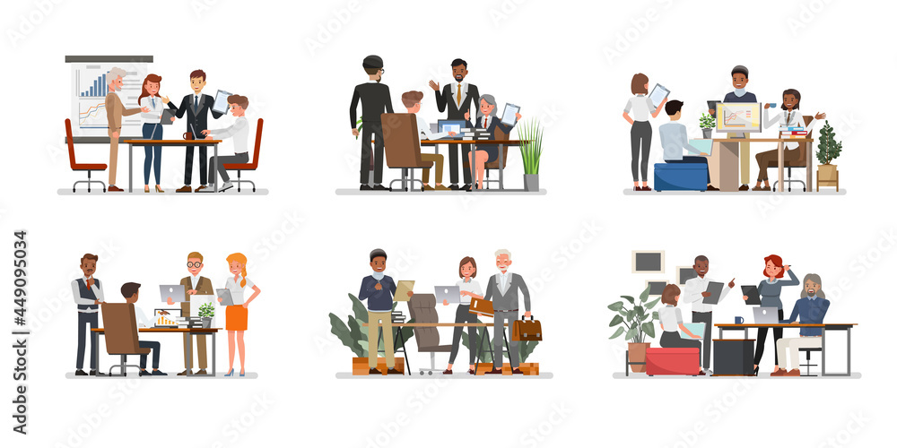 Naklejka Set of Business office connection working concept. Businessmen and businesswomen character vector design. Presentation in various action with emotions, running, standing and walking.