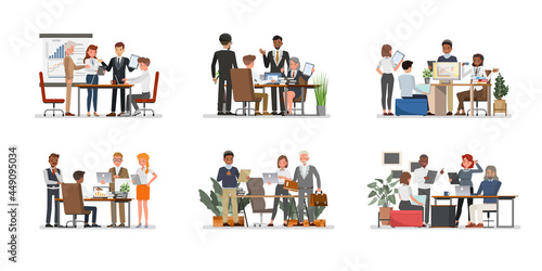 Set of Business office connection working concept. Businessmen and businesswomen character vector design. Presentation in various action with emotions, running, standing and walking.