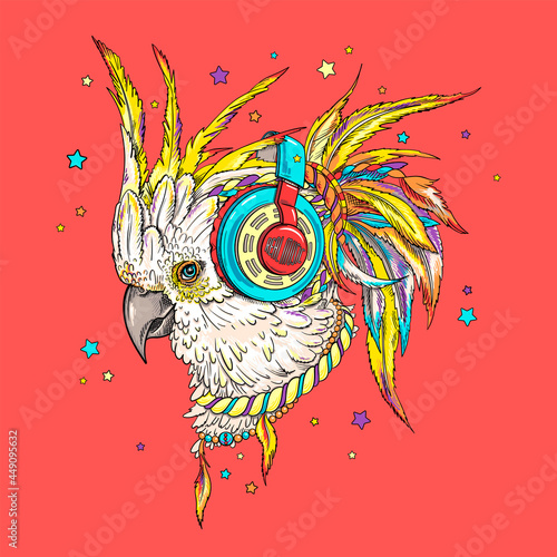 Beautiful kakadu parrot  in bright headphones. Illustration in a hand-drawn style. Stylish image for printing on any surface