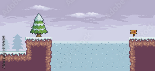 Pixel art game scene in snow with pine trees, frozen lake, clouds, indicative arrow 8 bit background
