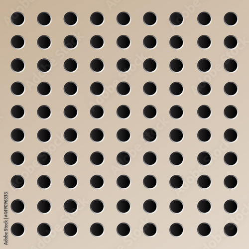 Peg board with round holes. Brown peg board perforated texture background for working bench tools. Vector illustration.