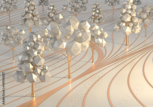 A luxurious abstract forest in pearls and gold. 3D Render