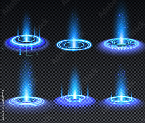 Blue hologram portal set. Magic fantasy portal. Magic circle teleport podium with hologram effect. Vector blue glow rays with sparks on transparent background.