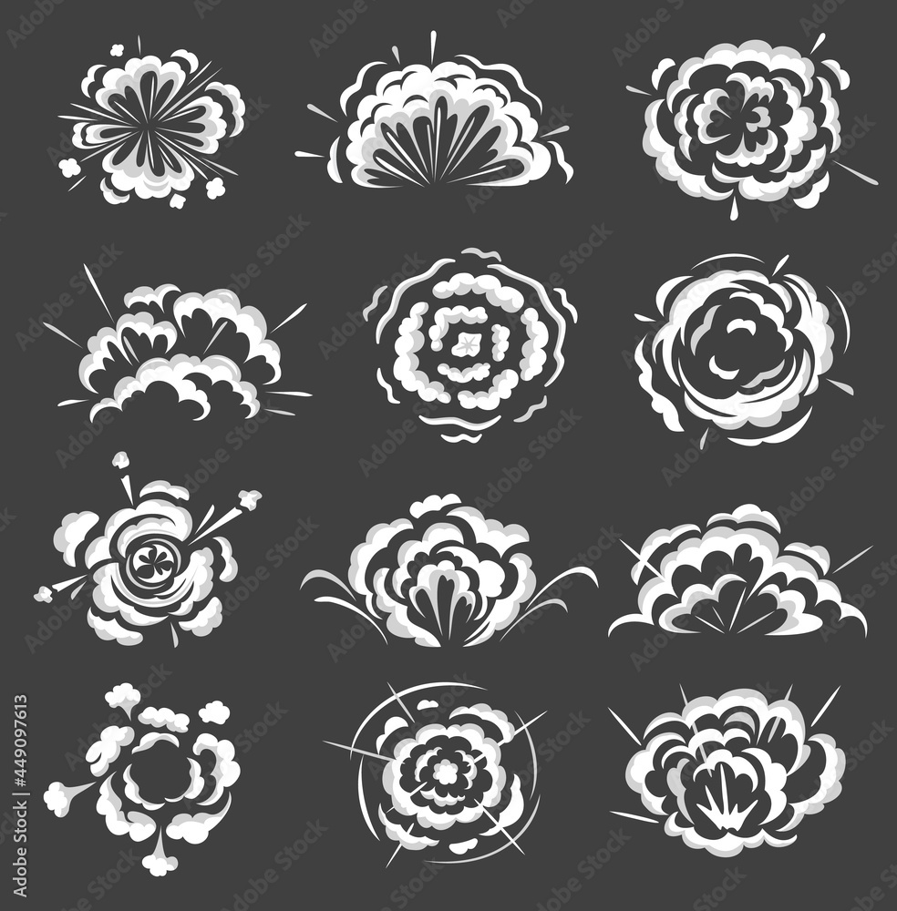Explosion blasts, bomb explodes and boom clouds, vector cartoon icons. Dynamite explodes or weapon burst smoke, comic boom or atomic bomb explosion blasts and fire flashes effect Explosion blasts, bomb explodes and boom clouds, vector cartoon icons. Dynamite explodes or weapon burst smoke, comic boom or atomic bomb explosion blasts and fire flashes effect