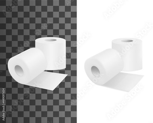 Toilet roll, realistic toilet paper, vector 3D isolated mockups. Toilet paper rolls, hygiene wipe and WC tissue towel, blank isolated tape on transparent background