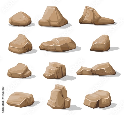 Cartoon brown rock stones and boulders, vector rubble gravel and cobble icons. Rock stones or debris blocks, gravels of granite pebbles in piles, game asset