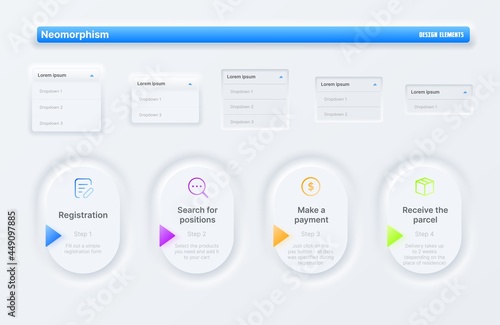 Neomorphic Ui user interface buttons, search and switchers. Web page, mobile app design elements, vector registration, payment and delivery widgets buttons with shadow and bevel, drop-down windows