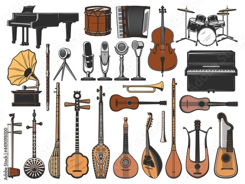 Vintage music instruments, retro microphones and gramophone. Isolated vector icons of piano, drums, cello and guitar, horn, mandolin, tanbur, shamisen and erhu, saz, tar, lyre and harp guitars photo