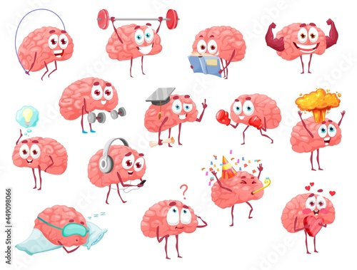 Cartoon brain characters, brainstorm, health, sport and leisure activity vector set. Cute mascot with funny face exercising with barbell, has great idea, hold heart. Happy emotions, fun isolated set