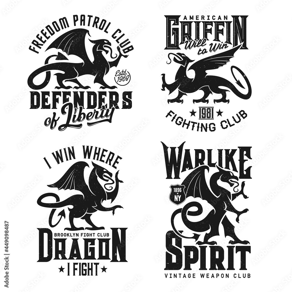 Obraz premium Tshirt prints with heraldic griffins, vector mascot for fighting club. Fantasy Griffon, dragon, lion and eagle creatures. Mythical animals silhouettes and typography, isolated grunge labels, signs set