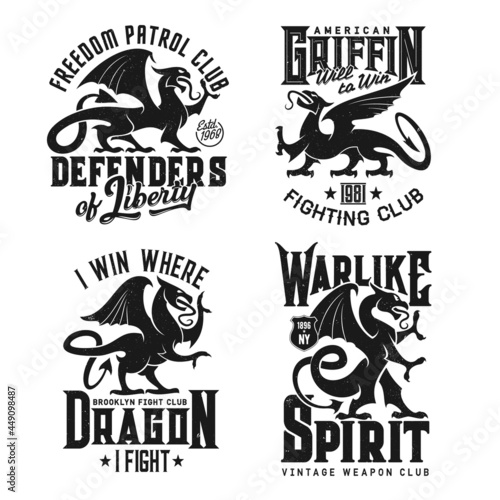Tshirt prints with heraldic griffins, vector mascot for fighting club. Fantasy Griffon, dragon, lion and eagle creatures. Mythical animals silhouettes and typography, isolated grunge labels, signs set